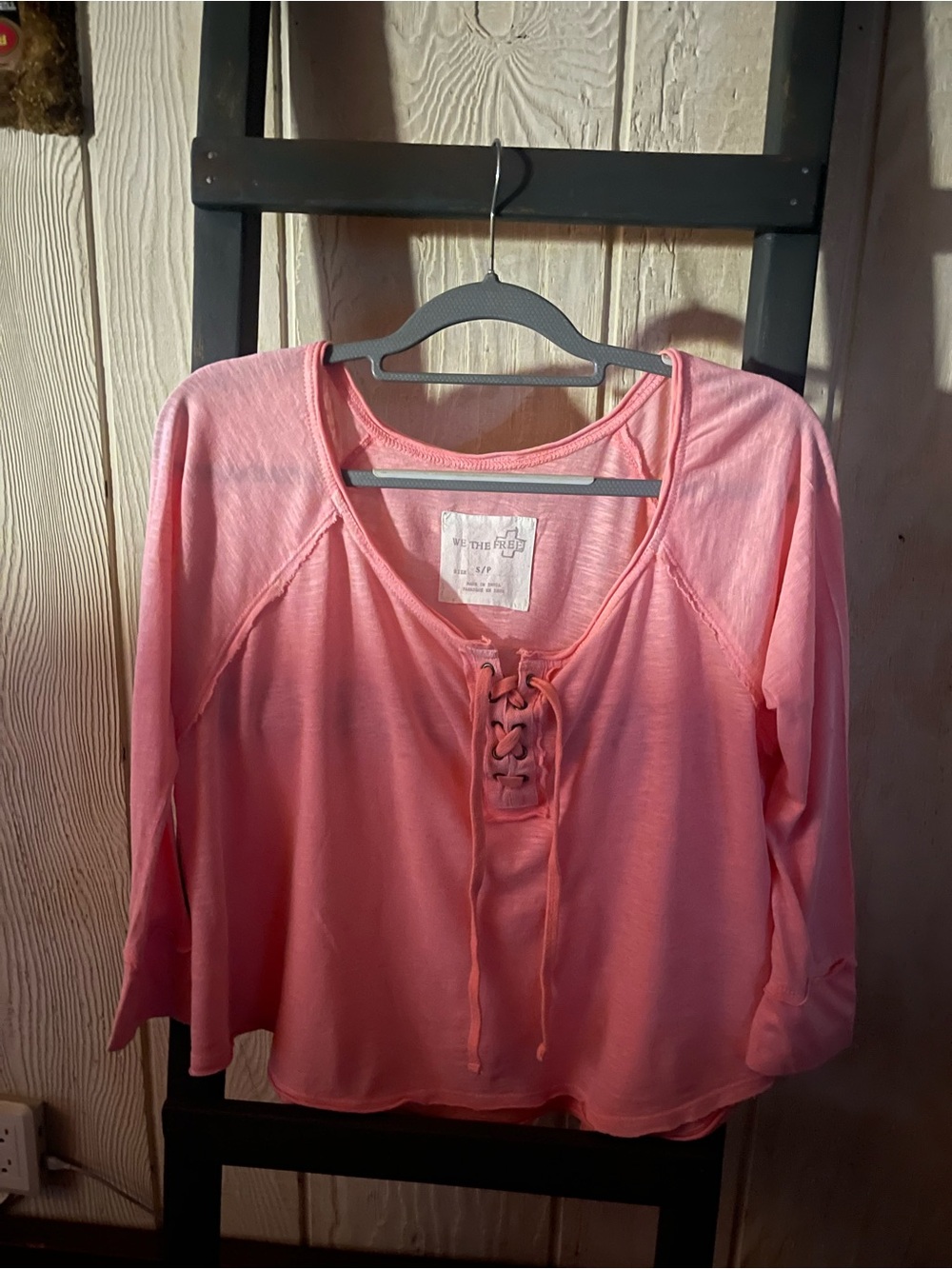 Free People Coral Pink Lace-Up Long Sleeve Top